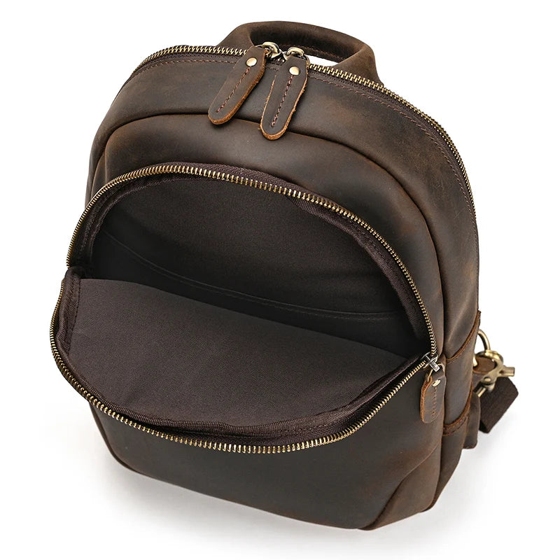 Frontier Leather Sling men's crazy horse leather backpack, dark brown with zipper closure and top handle
