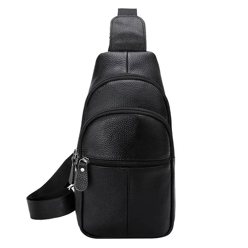 Urban Leather Sling men’s black genuine leather sling bag with textured finish and zippered pockets