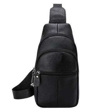 Urban Leather Sling men’s black genuine leather sling bag with textured finish and zippered pockets