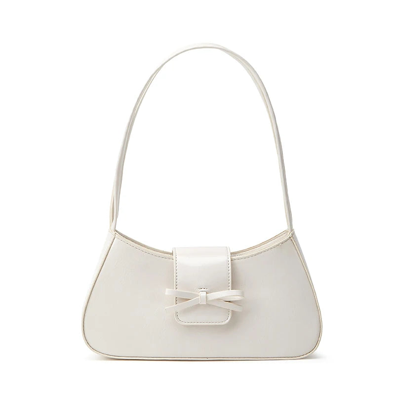 Timeless Bow Carry women's white vegan leather shoulder bag with bow detail and glossy finish