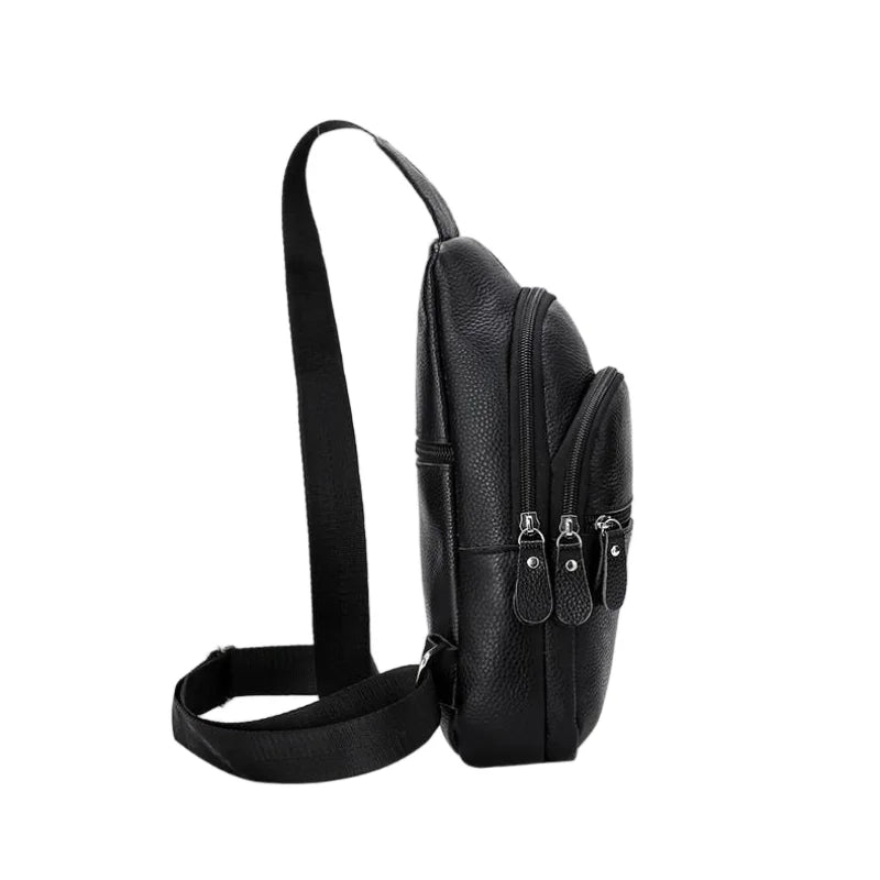 Urban Leather Sling men’s black leather crossbody sling bag with textured finish and zipper pockets