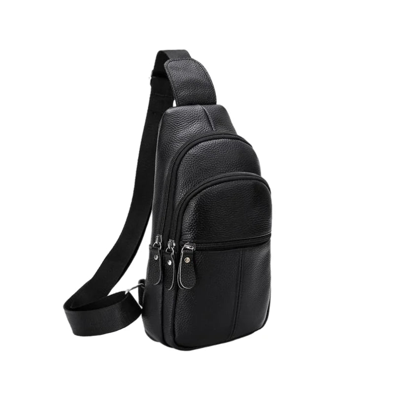 Urban Leather Sling men’s black genuine leather sling bag with textured finish and zippered pockets