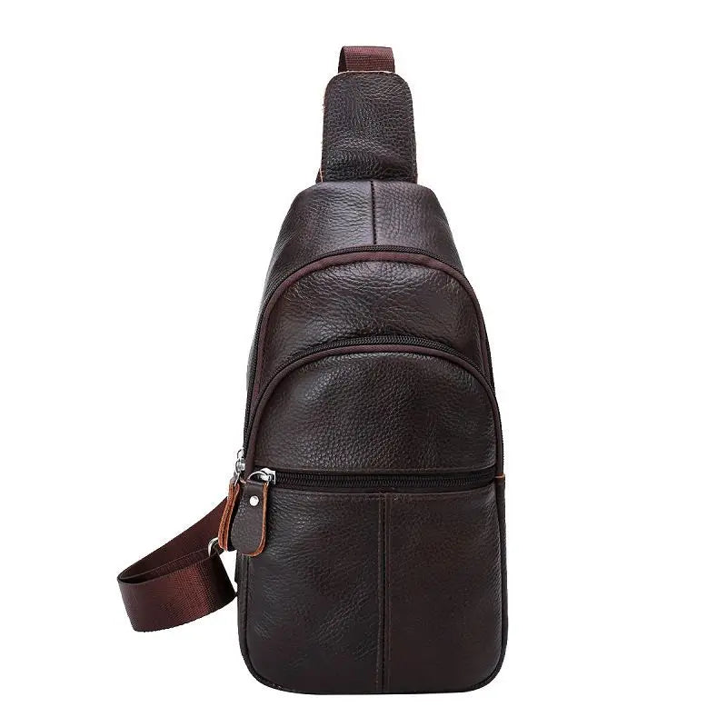 Urban Leather Sling men's sling bag, dark brown textured leather, with silver hardware, single shoulder strap
