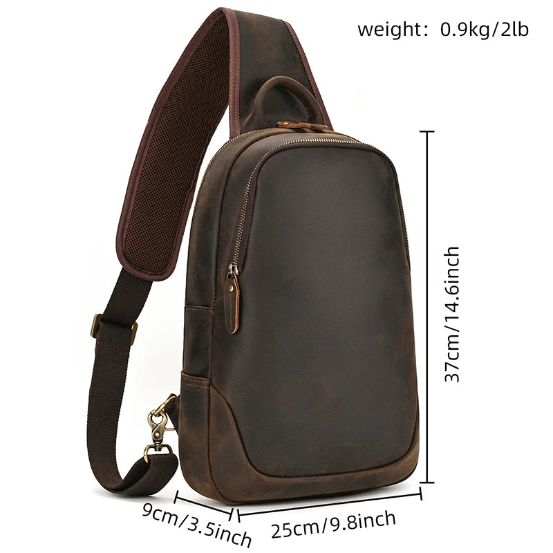 Frontier Leather Sling men’s brown crazy horse leather sling backpack with adjustable strap, side zipper, and visible size dimensions.