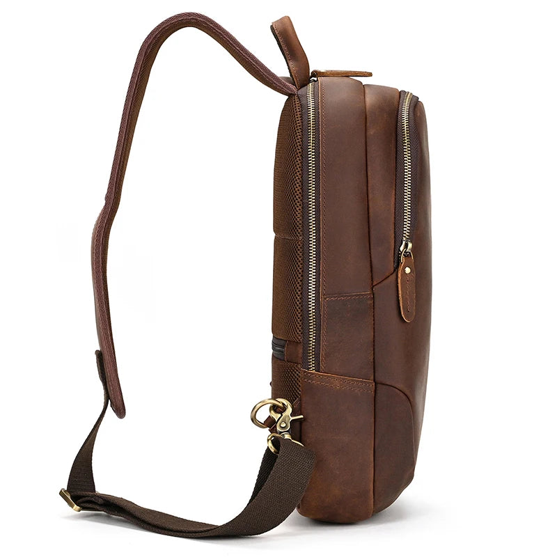 Frontier Leather Sling men's crazy horse brown leather crossbody bag with adjustable strap and side zipper