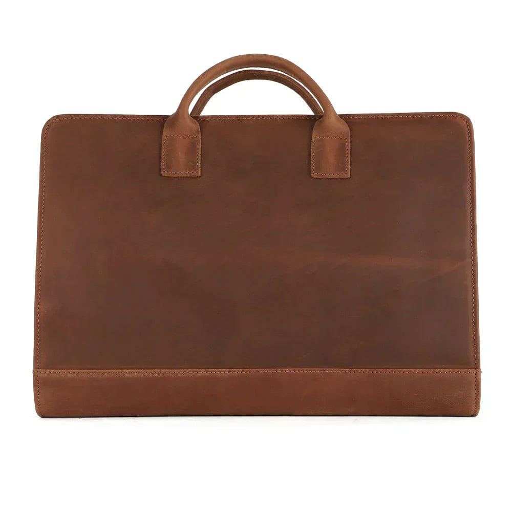 Heritage Ledger Brief premium brown crazy horse luxury vintage leather briefcase with magnetic flap closure back view