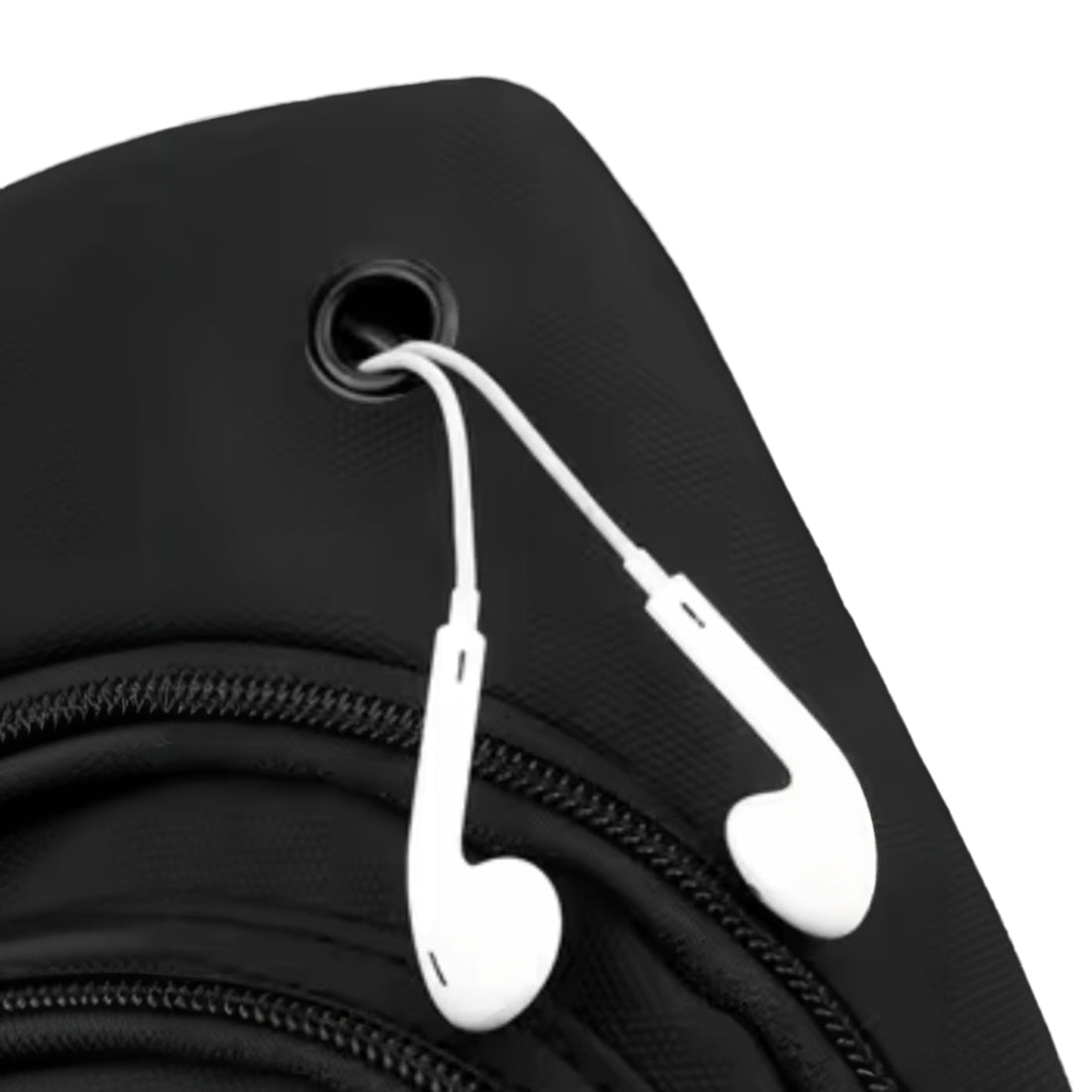 Active Axis Crossbody earphone port close up featuring durable design with integrated headphone loop for easy, tangle free access on the go
