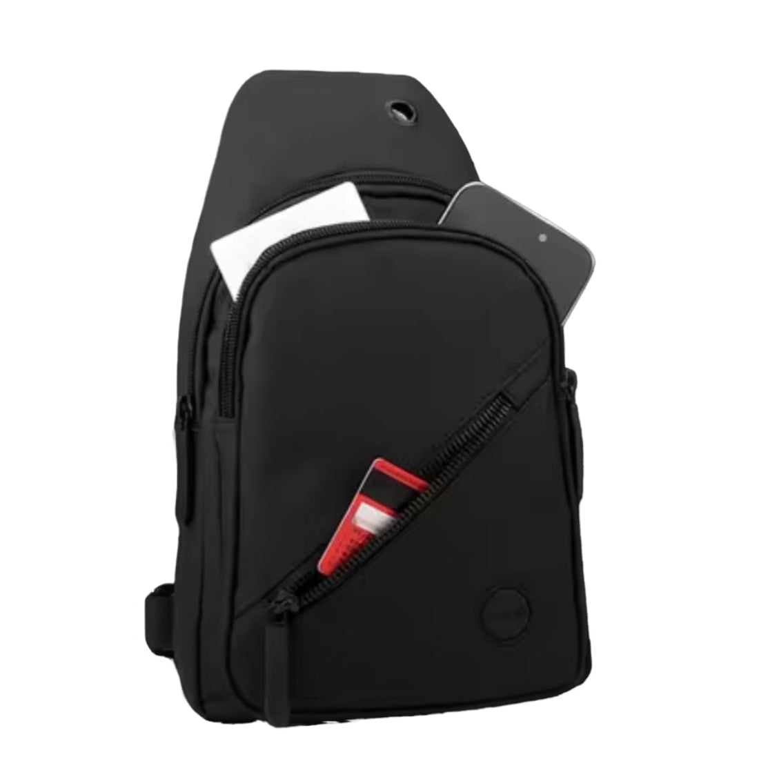 Active Axis Crossbody in black shown front facing spacious durable nylon chest bag with secure zip compartments upscale design carrying tablet and essentials