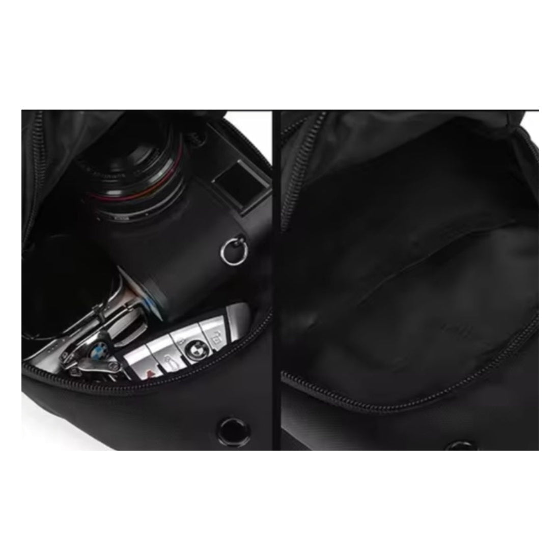 Active Axis Crossbody spacious interior view showcasing organized compartments for camera keys and daily essentials in a durable upscale nylon finish