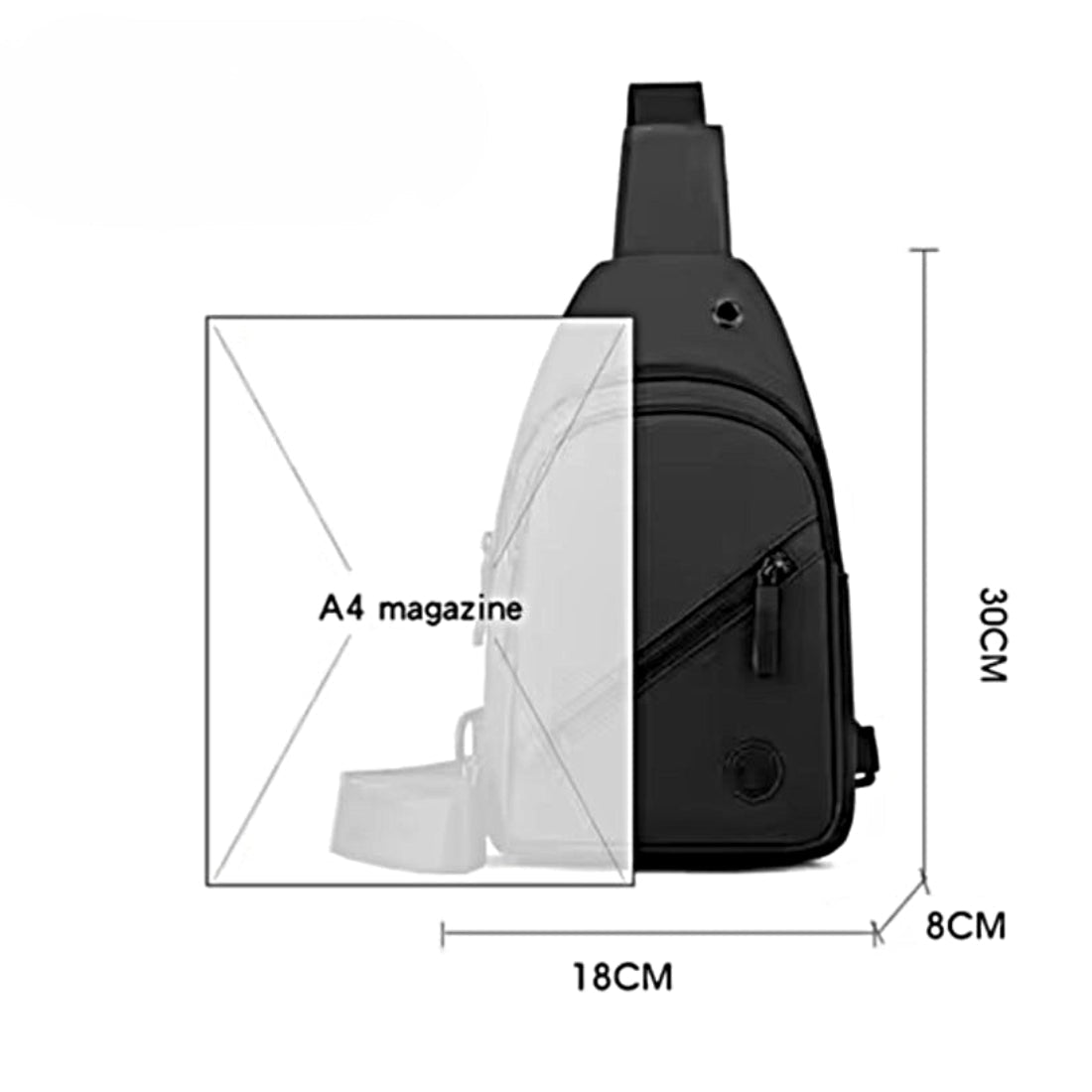 Active Axis Crossbody in black shown with spacious measurements durable upscale nylon chest bag compared to A4 magazine for size reference