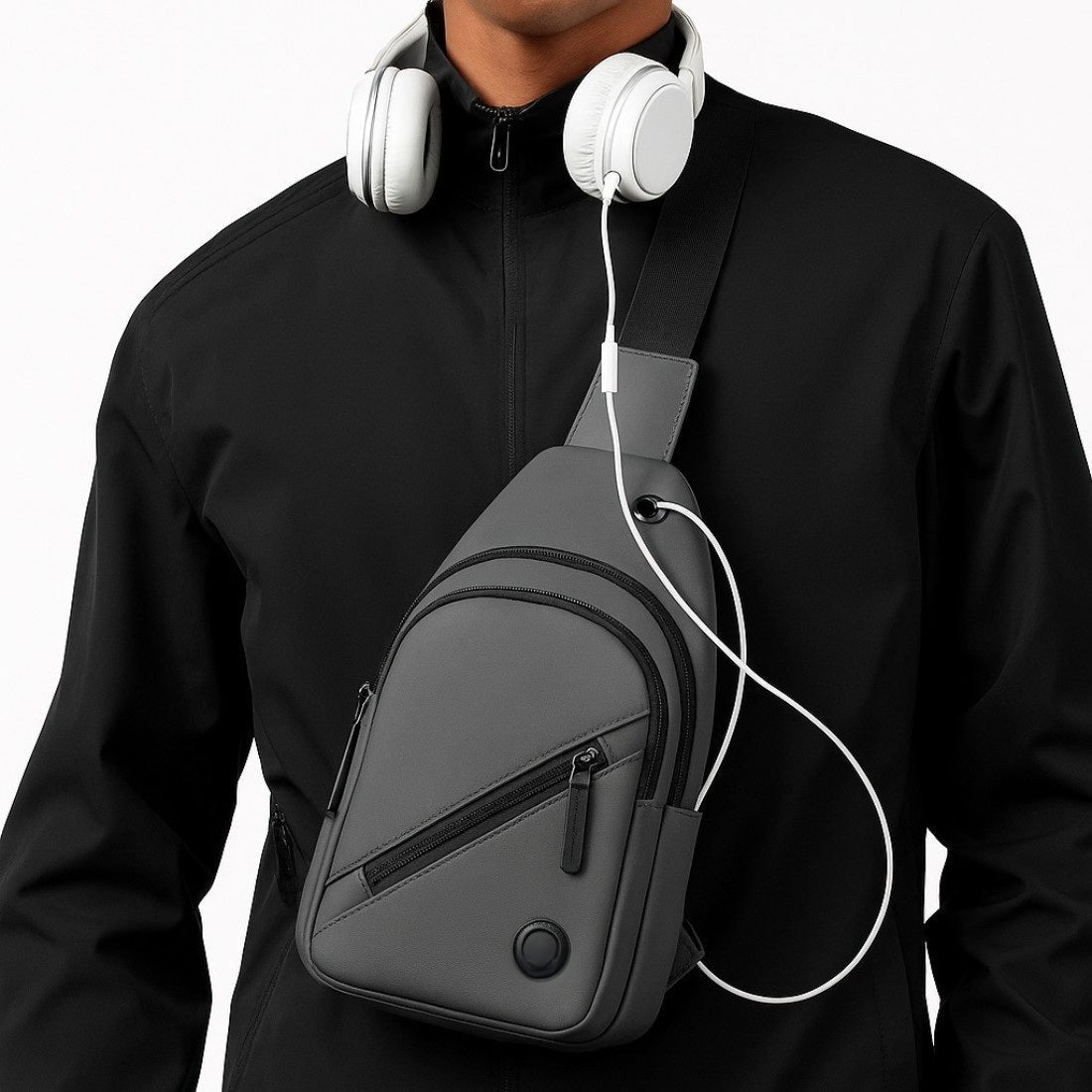 Active Axis Crossbody Active Axis Crossbody durable lightweight compact bag in grey shown worn on model chest with ergonomic strap and integrated earphone port upscale style