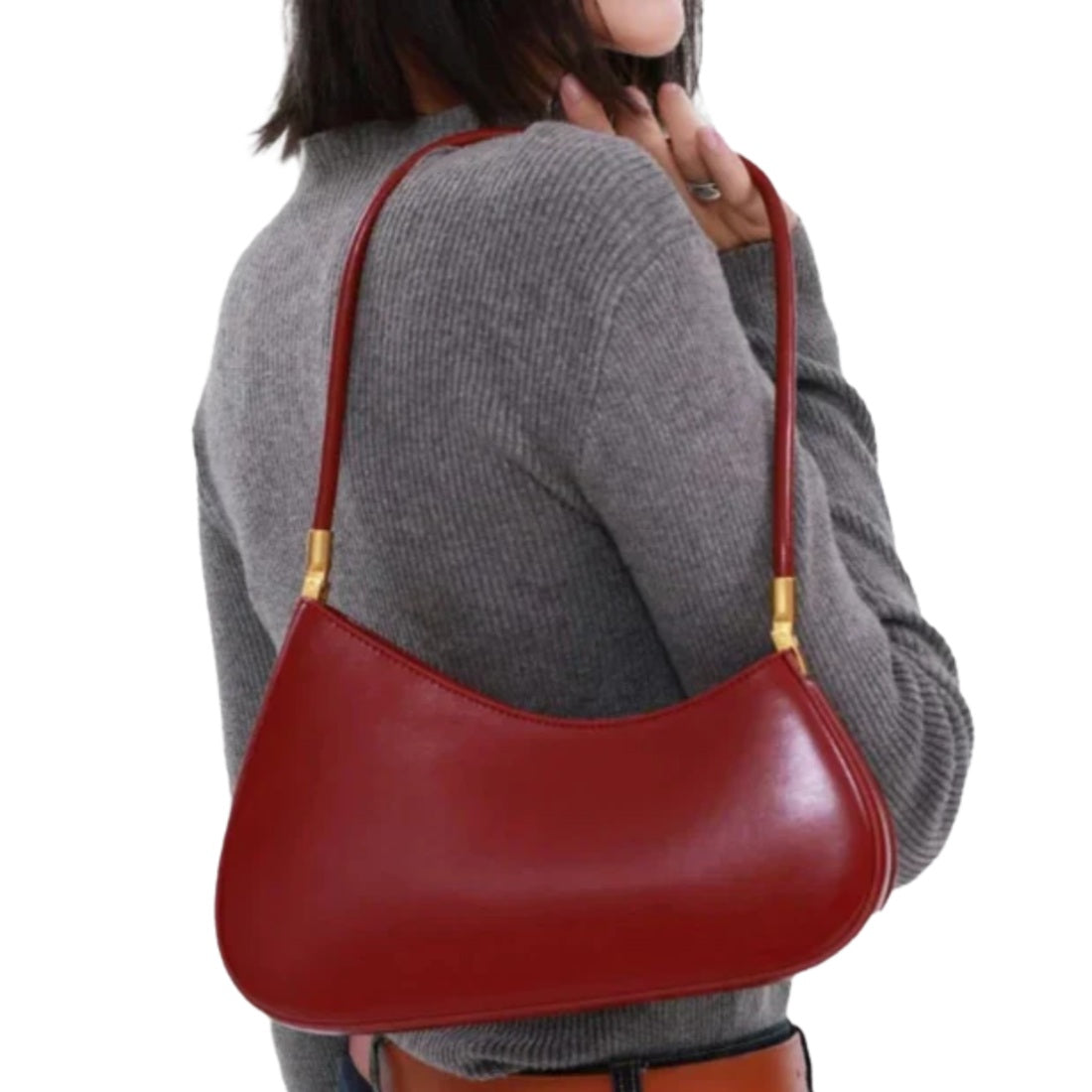 Timeless Arc Carry premium upscale red leather handbag front view with strap