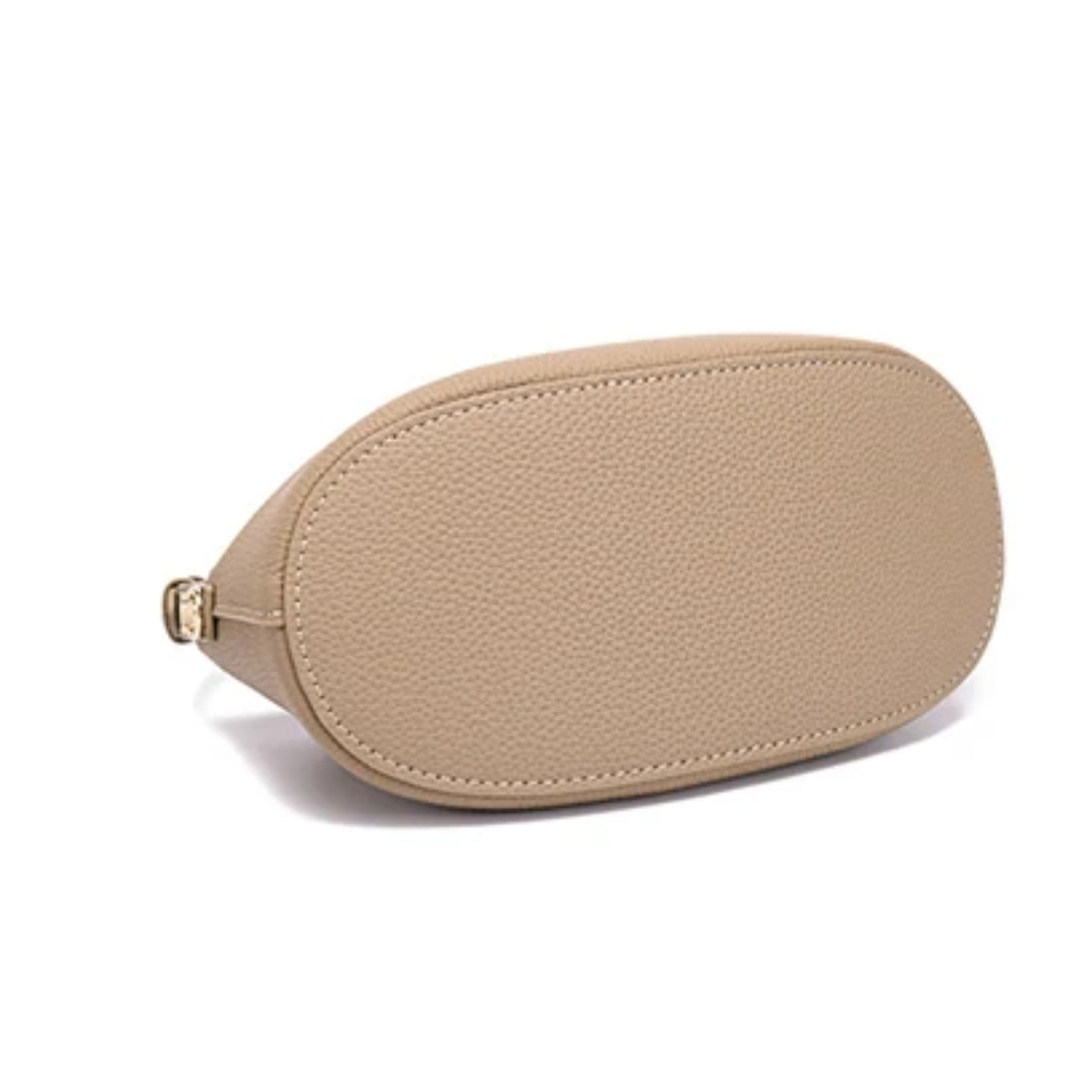 Timeless Arc Tote in taupe real leather bottom view