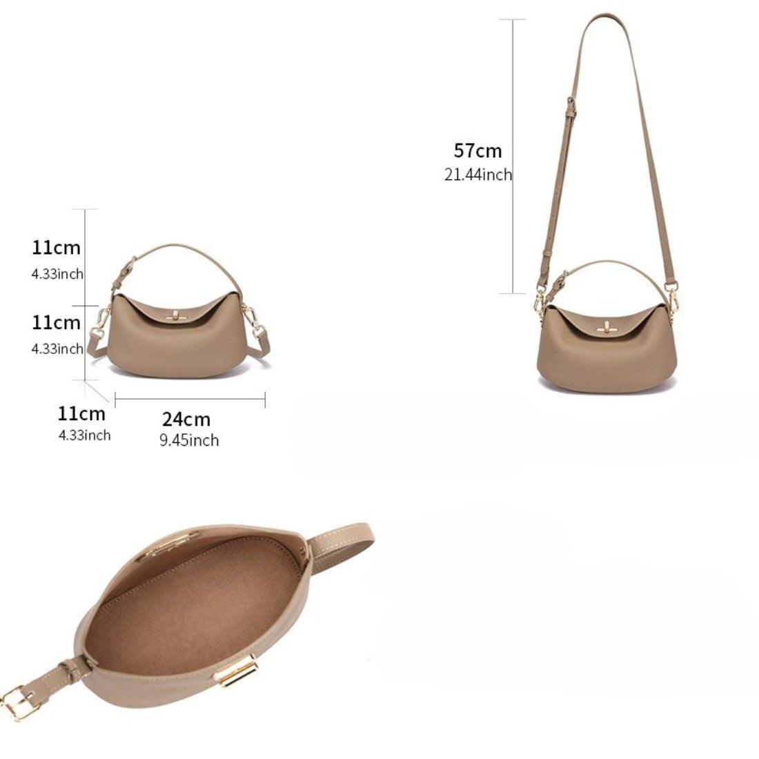 Timeless Arc Tote upscale bag in taupe leather strap options and measurements