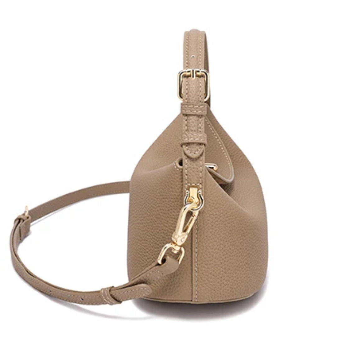 Timeless Arc Tote in taupe leather side view upscale tote