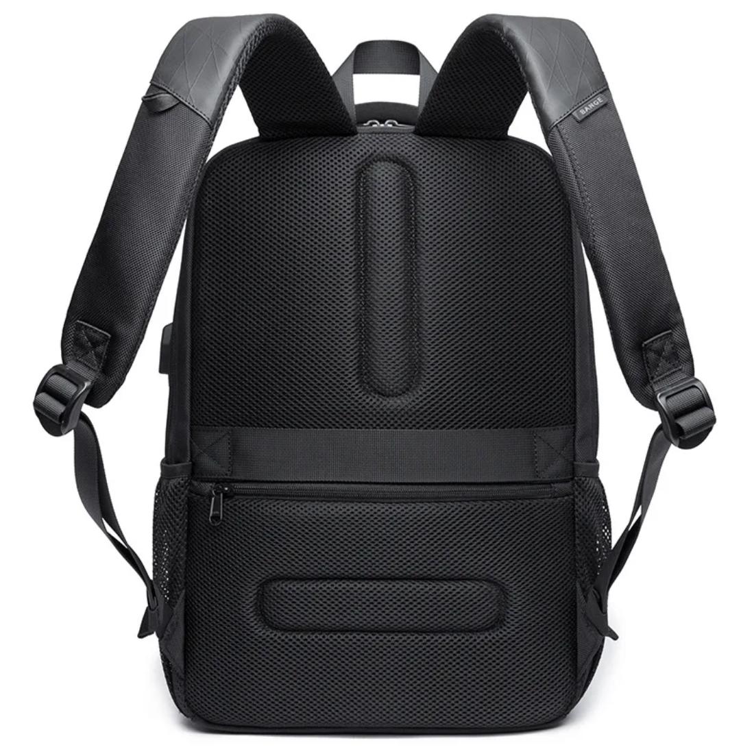 BANGE Atlas Tech Pack in black oxford waterproof fabric with padded shoulder straps top handle and contoured back panel with vertical indentation displayed showcasing ergonomic support and durable sleek modern utility