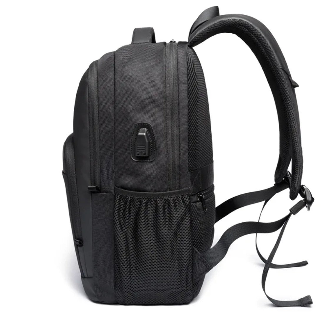 BANGE Atlas Tech Pack in black waterproof oxford fabric with padded back and shoulder straps side mesh pocket and built in USB charging port displayed showcasing ergonomic comfort and durable modern tech ready utility