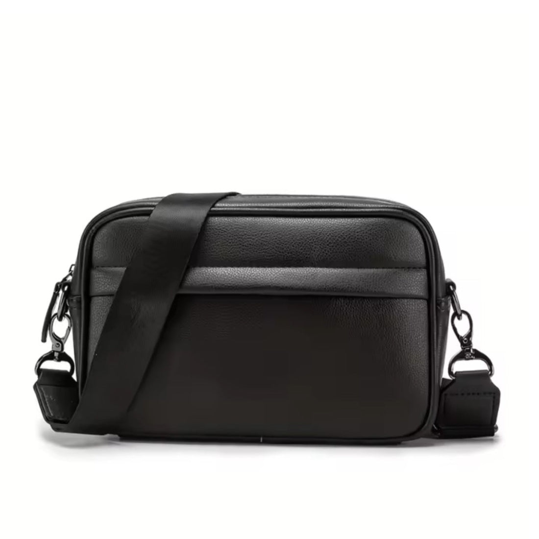 Urban Axis Crossbody in black vegan leather with geometric patterned and solid black top section waterproof vegan leather featuring detachable adjustable shoulder strap and zipper closure showcasing compact structured silhouette and sleek urban styling