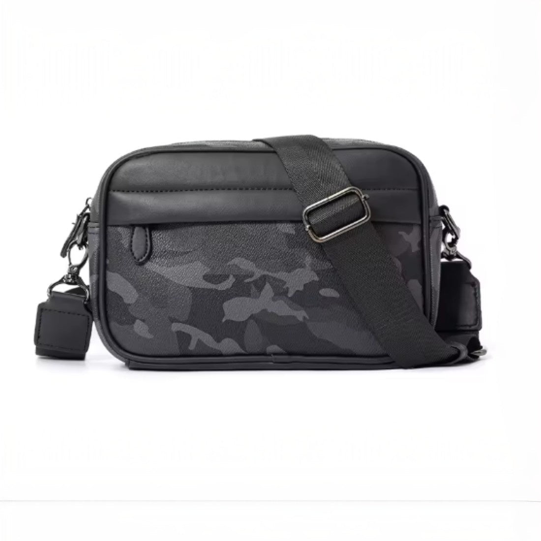 Urban Axis Crossbody in camouflage waterproof vegan leather featuring detachable adjustable shoulder strap and zipper closure showcasing compact structured silhouette and bold urban styling