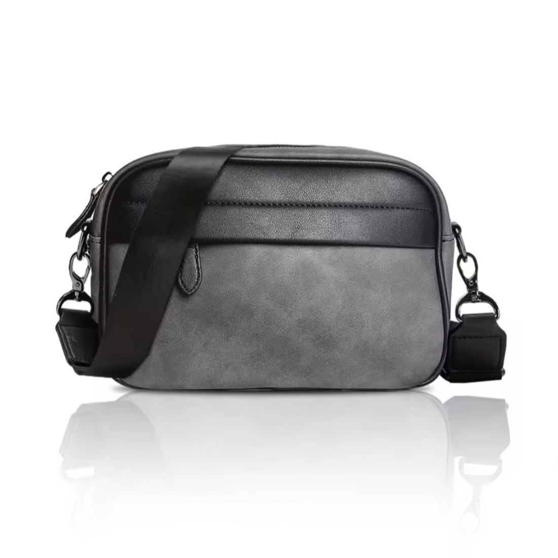 Urban Axis Crossbody in grey waterproof vegan leather featuring detachable adjustable shoulder strap and zipper closure showcasing compact structured silhouette and refined urban styling
