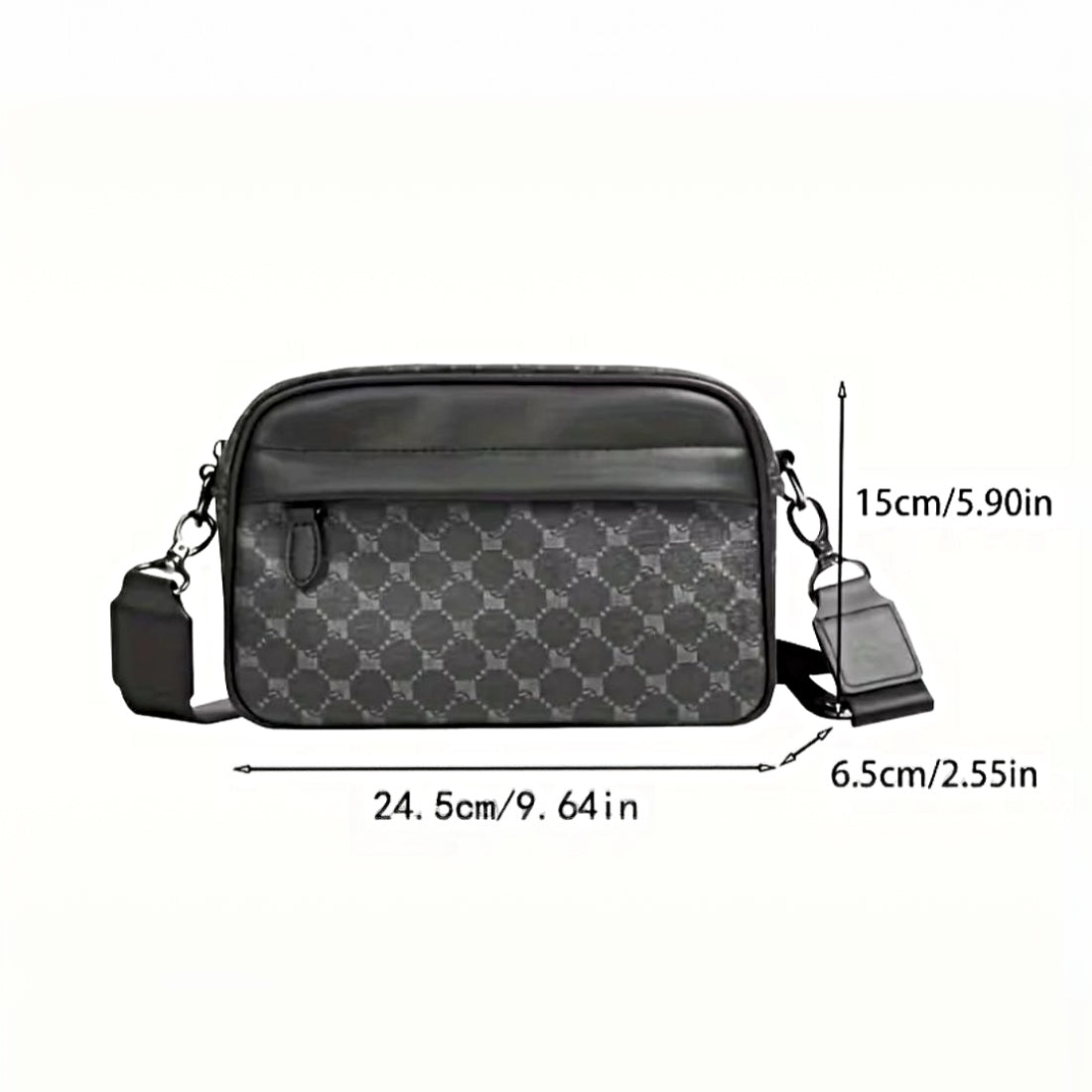 Urban Axis Crossbody in black vegan leather with geometric patterned front panel shown with labeled dimensions displayed  showcasing compact structured silhouette and streamlined everyday utility