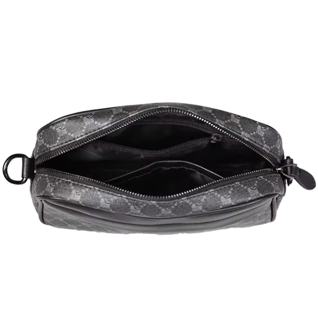 Urban Axis Crossbody in black vegan leather with geometric patterned exterior shown open to reveal spacious main compartment interior zipper pocket and open slot pocket showcasing organized layout and sleek everyday upscale functionality