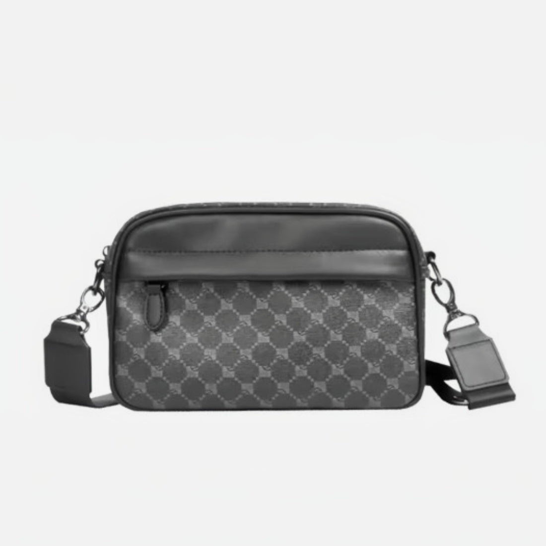 Urban Axis Crossbody crossbody bag in black patterned vegan leather with zippered top and detachable adjustable strap with metal clasps displayed against white background showcasing compact structured silhouette and refined urban styling