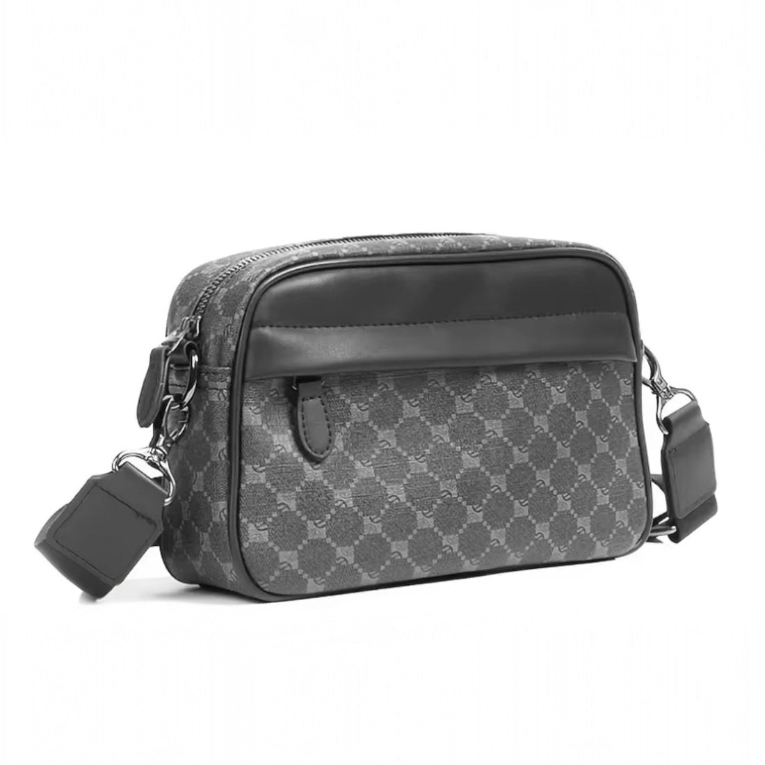 Urban Axis Crossbody in black vegan leather with geometric patterned and solid black top section waterproof vegan leather featuring detachable adjustable shoulder strap and zipper closure showcasing compact structured silhouette and sleek urban styling