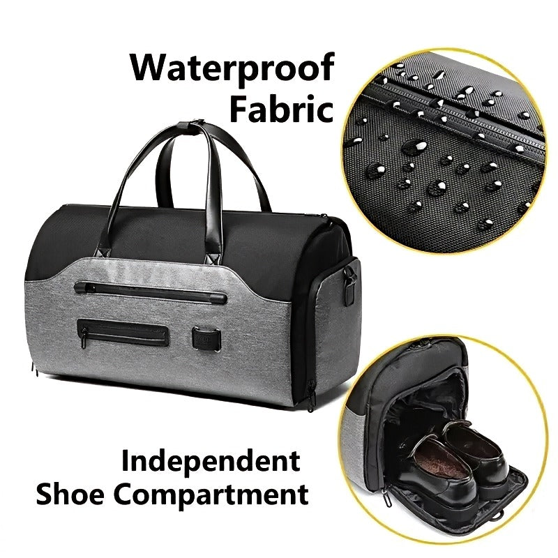 grey axis travel companion waterproof base on mens duffle bag closeup and showcasing shoe compartment storage