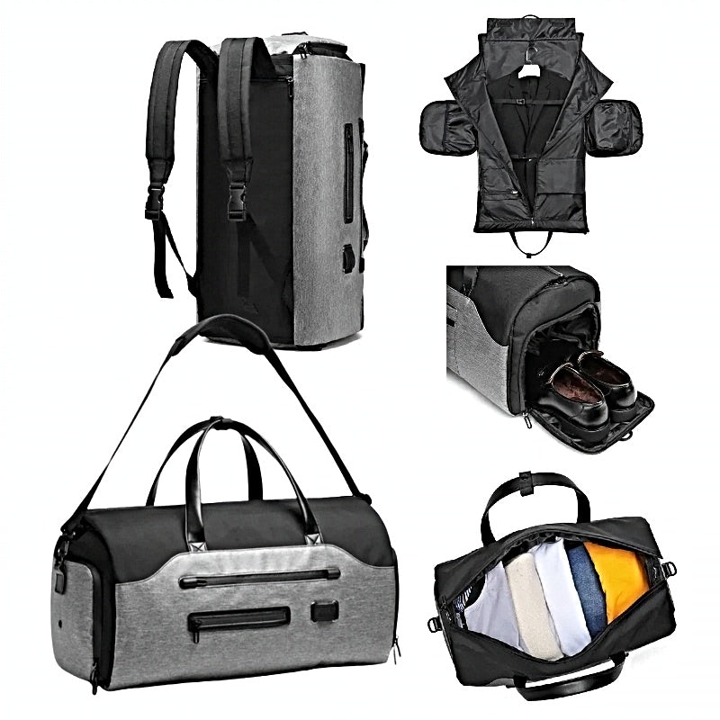 waterproof mens weekender bag grey black color axis travel companion multiple angles of spacious storage options