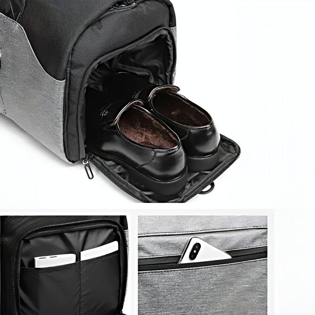 durable spacious waterproof axis travel companion mens weekender bag with shoe compartment open and storage pockets