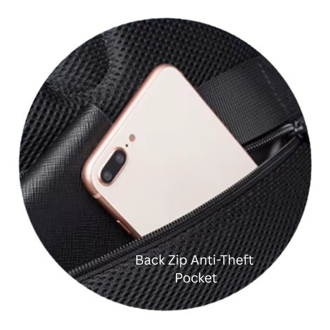  BANGE Atlas Tech Pack in black oxford waterproof fabric shown with hidden back zip pocket partially open to reveal smartphone showcasing discreet security feature and upscale functional durable design