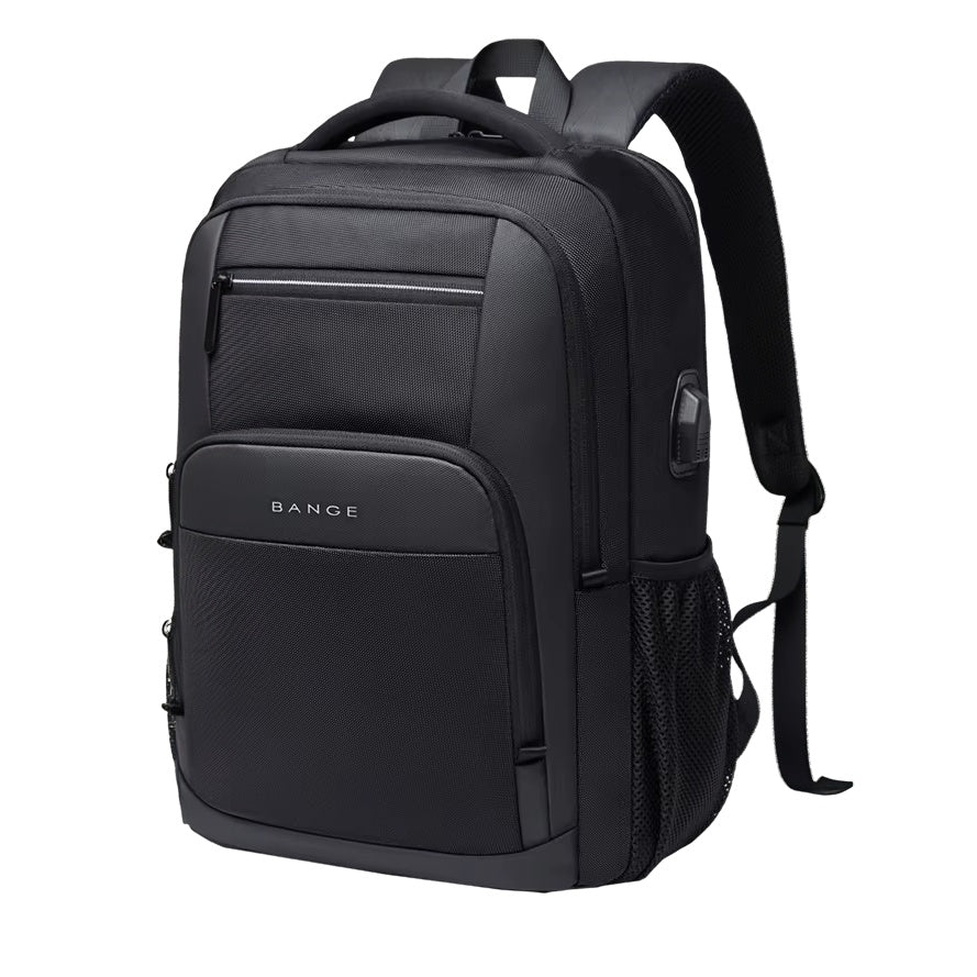 BANGE Atlas Tech  Pack in black waterproof durable oxford fabric with sleek silhouette built in USB charging port and padded laptop compartment showcasing durable modern utility and tech ready design for everyday movement
