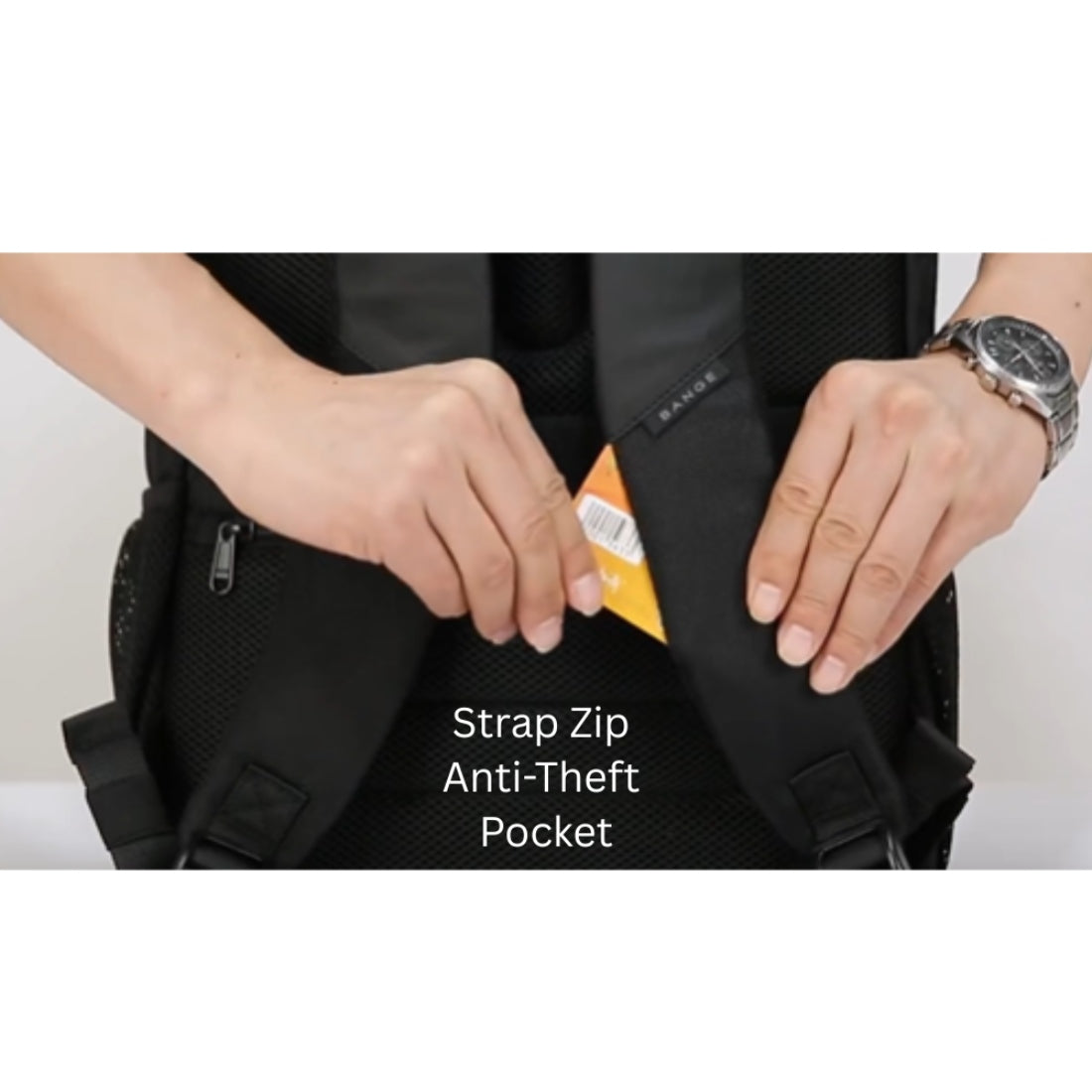 BANGE Atlas Tech Pack in black waterproof oxford fabric shown with hidden zip pocket on shoulder strap demonstrating discreet security feature showcasing smart design and secure durable everyday utility