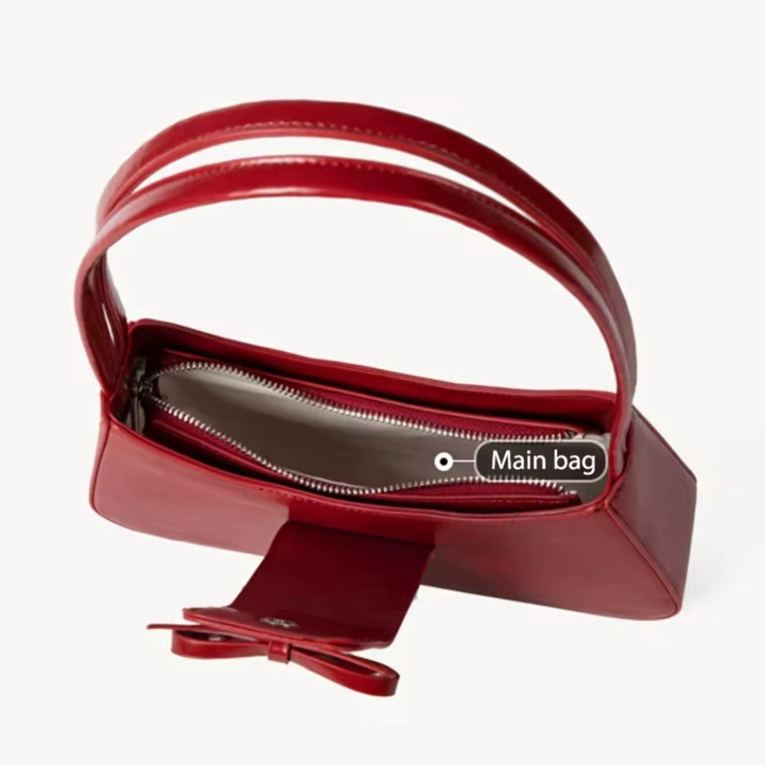 Timeless Bow Carry red vegan luxury leather handbag premium compact design with elegant bow accent inside view