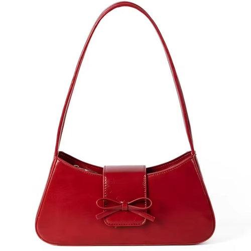 Timeless Bow Carry red vegan leather shoulder bag compact leather tote with bow accent zipper closure womens small handbag