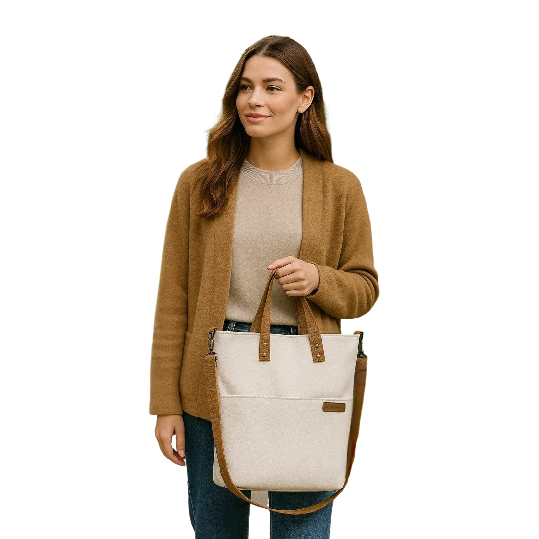 Woman wearing Timeless Canvas Carry upscale premium tote in beige with canvas brown handles and genuine leather shoulder strap styled for casual everyday wear
