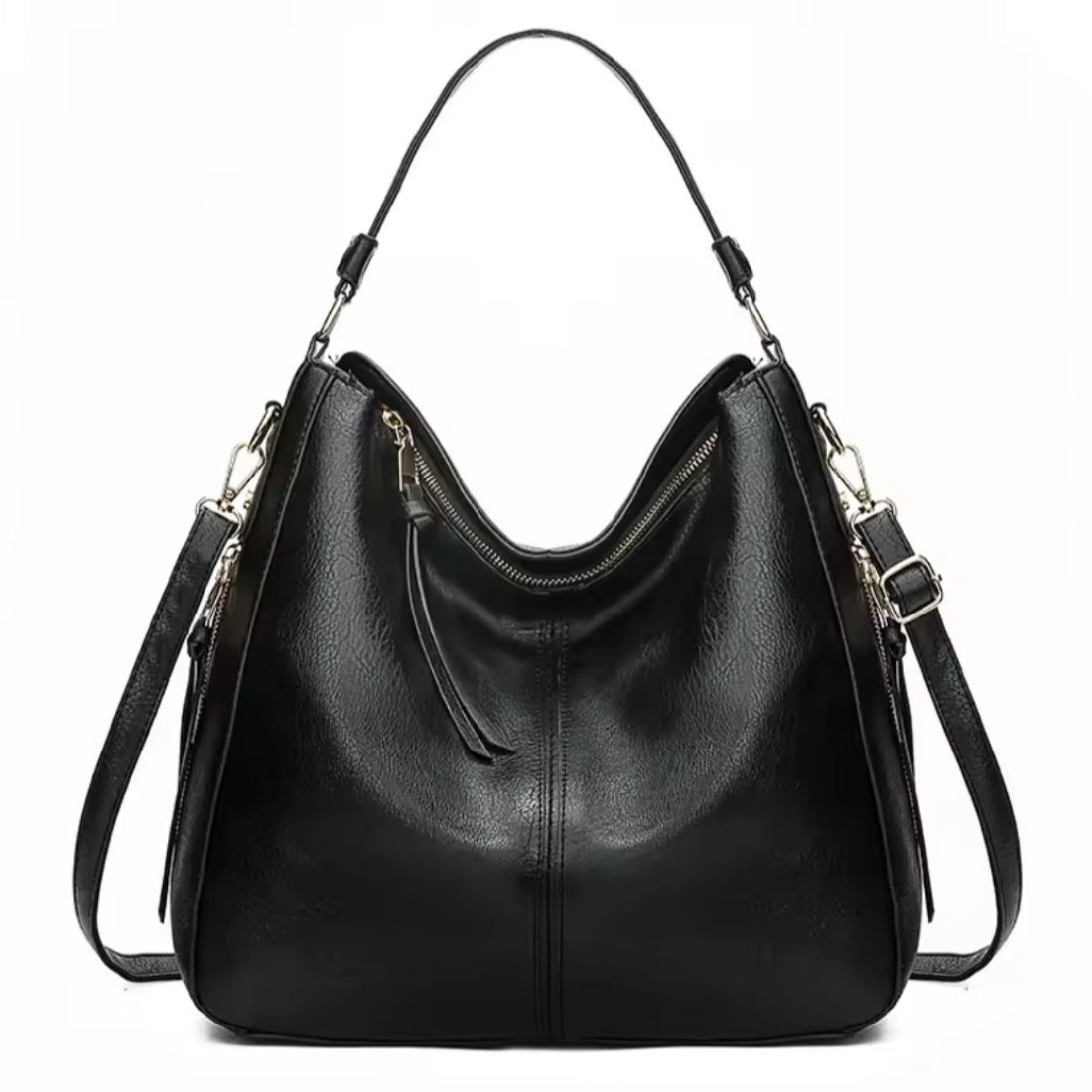 Classic Carry Hobo in black premium vegan leather with relaxed crescent silhouette single top handle adjustable detachable shoulder strap and zippered main compartment showcasing soft texture upscale detailing spacious interior and versatile luxury everyday design