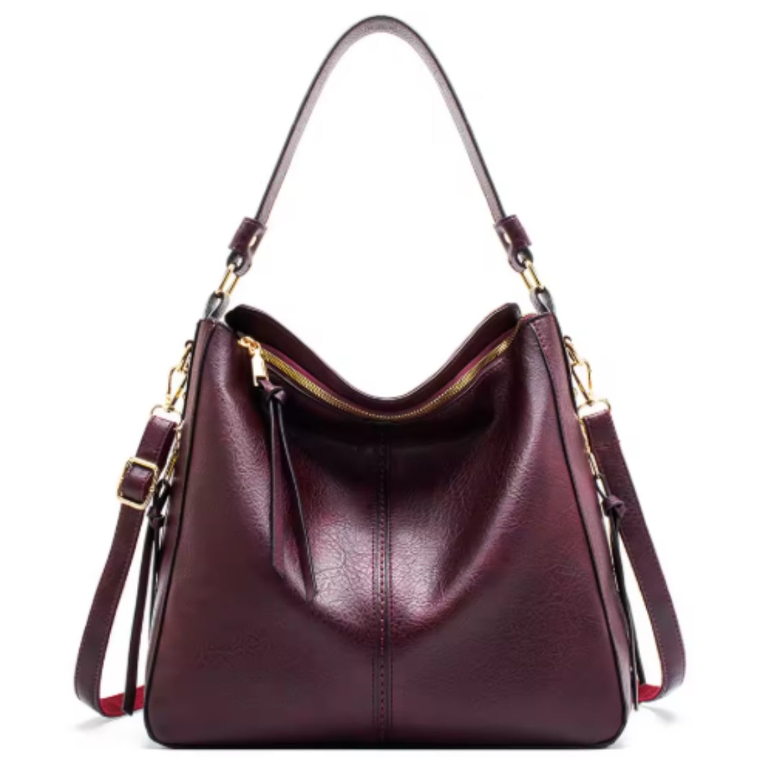 Classic Carry Hobo in red premium vegan leather with relaxed crescent silhouette single top handle adjustable detachable shoulder strap and zippered main compartment showcasing soft texture upscale detailing spacious interior and versatile everyday luxury design
