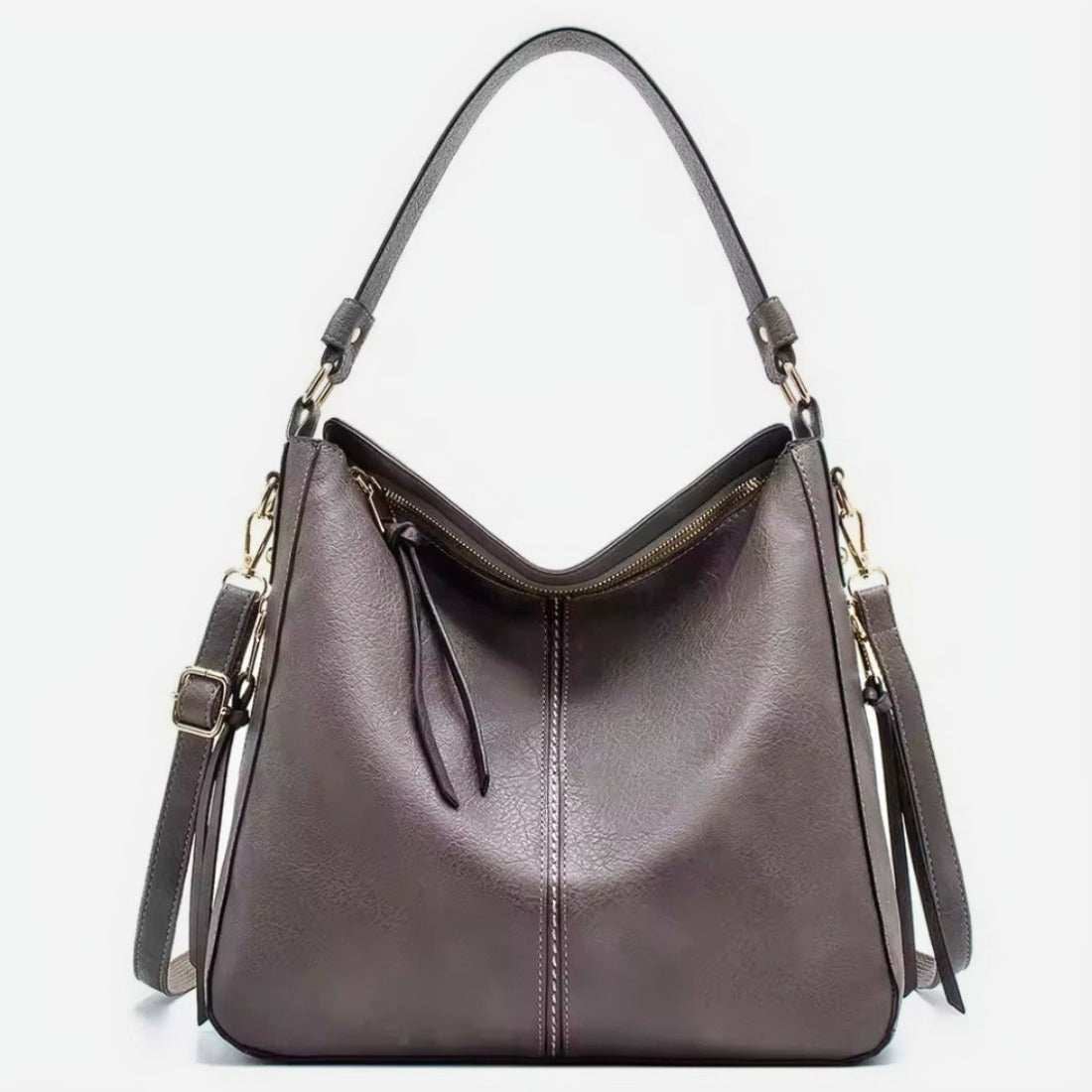 Classic Carry Hobo in grey premium vegan leather with relaxed crescent silhouette single top handle adjustable detachable shoulder strap and zippered main compartment showcasing soft texture upscale detailing spacious interior and luxury versatile everyday design