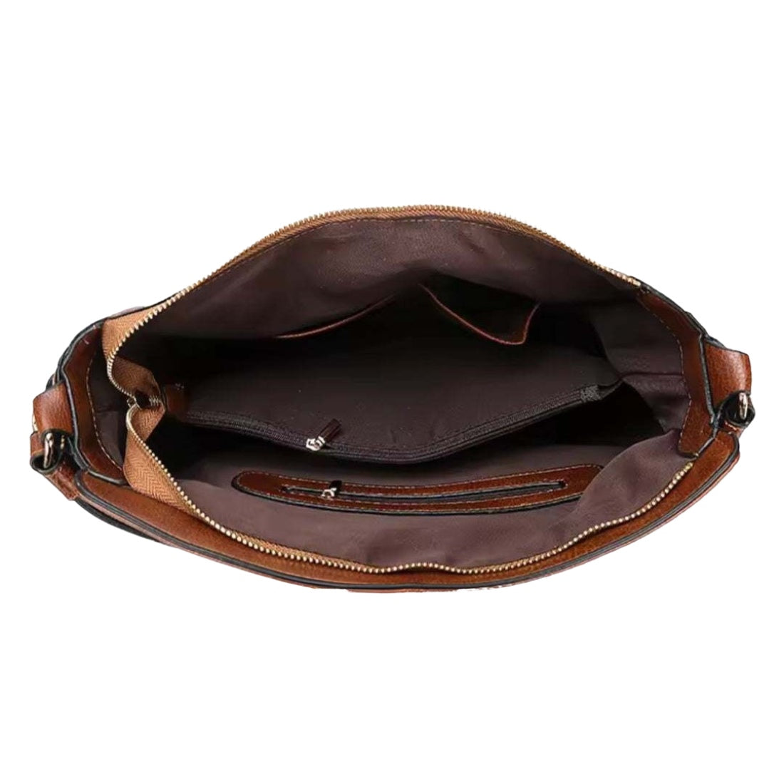 Classic Carry Hobo interior view in brown premium vegan leather showing large central compartment zippered pocket and open slip pocket showcasing upscale organization spacious capacity and practical everyday design luxury