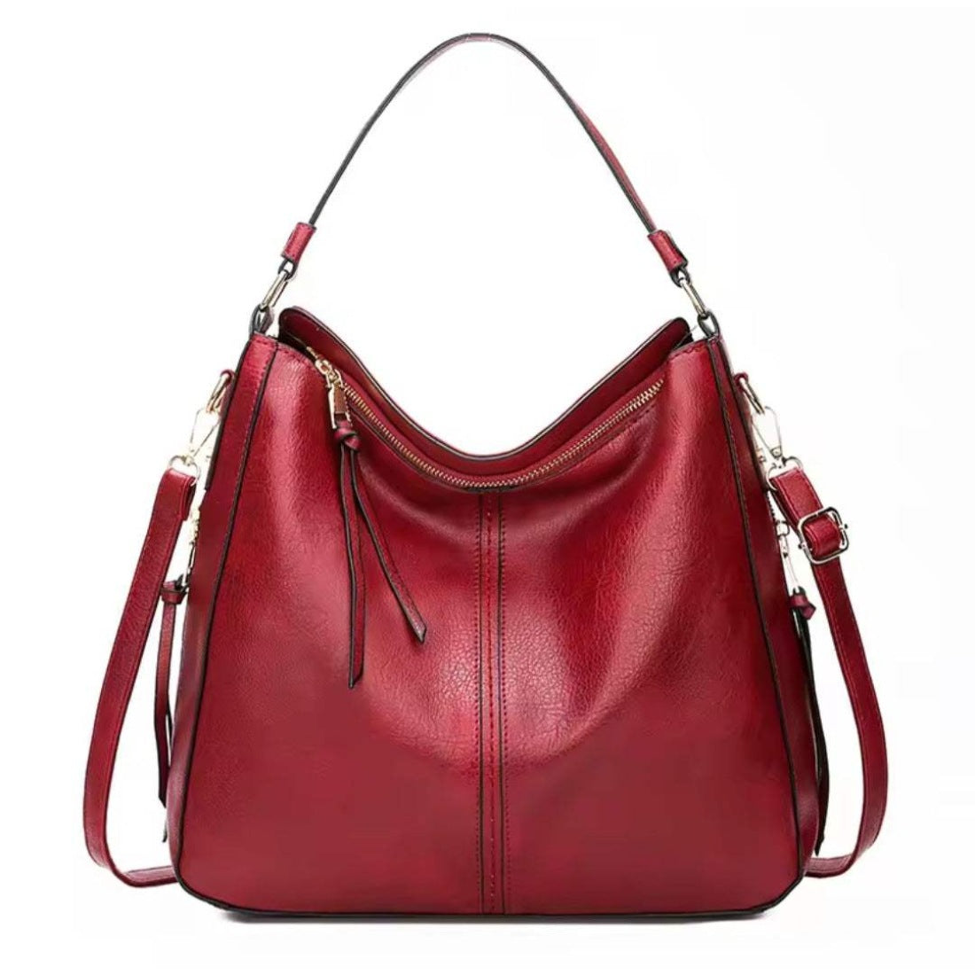 Classic Carry Hobo in red premium vegan leather with relaxed crescent silhouette single top handle adjustable detachable shoulder strap and zippered main compartment showcasing soft texture upscale detailing spacious interior and versatile everyday luxury design