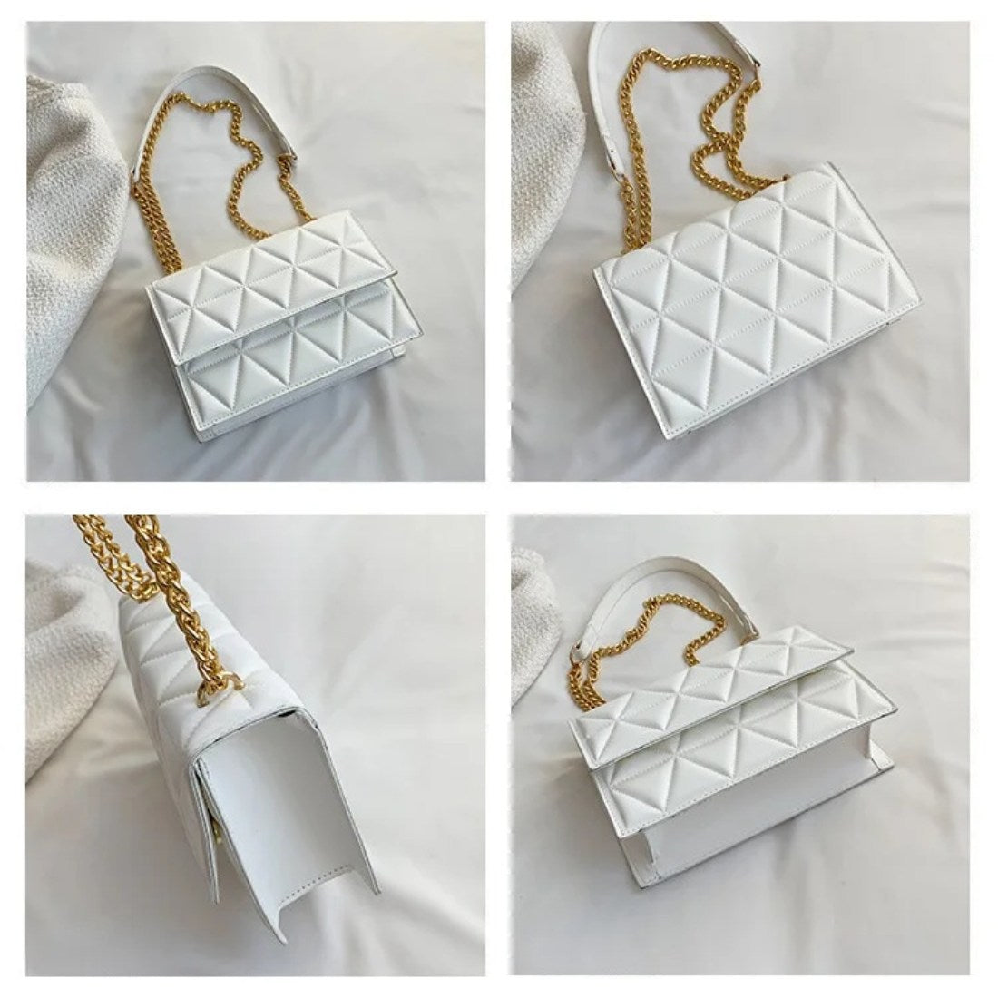 Timeless Chain Crossbody bag in white luxury vegan leather with geometric quilted texture structured silhouette gold chain strap and flap closure shown in four angles showcasing modern styling polished premium finish and compact everyday functionality