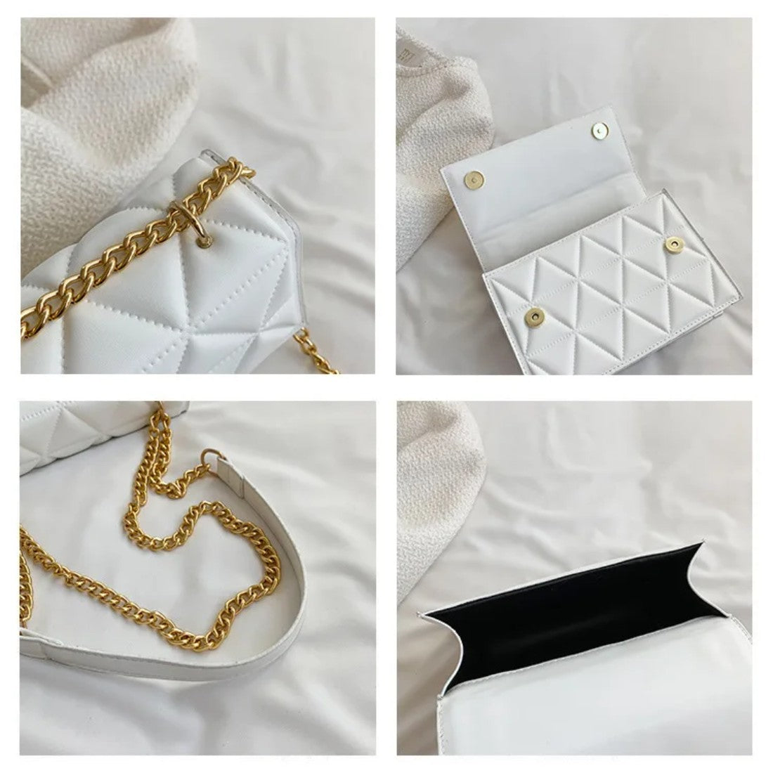 Timeless Chain Crossbody bag in white luxury vegan leather with quilted texture gold chain strap and flap closure shown in four views including closed front view open interior with gold button closures close up of chain strap and side profile with black compartment showcasing elegant styling refined craftsmanship and compact everyday functionality