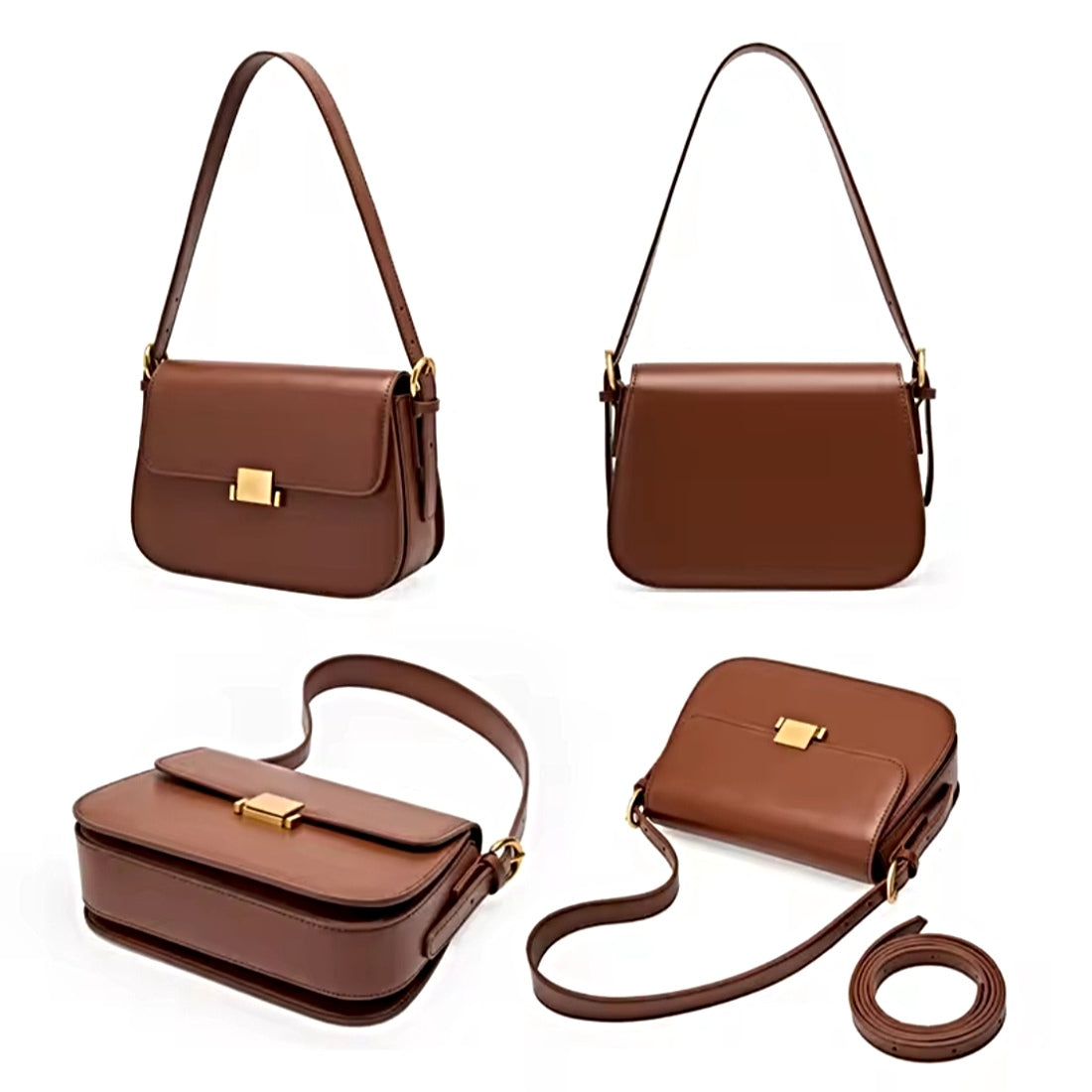 Timeless Charm Satchel in luxury caramel genuine kitt cross grain leather with structured rectangular silhouette flap front design gold accent hasp closure and adjustable shoulder strap shown from multiple angles showcasing luxury minimalist styling upscale craftsmanship premium finish and compact everyday elegance