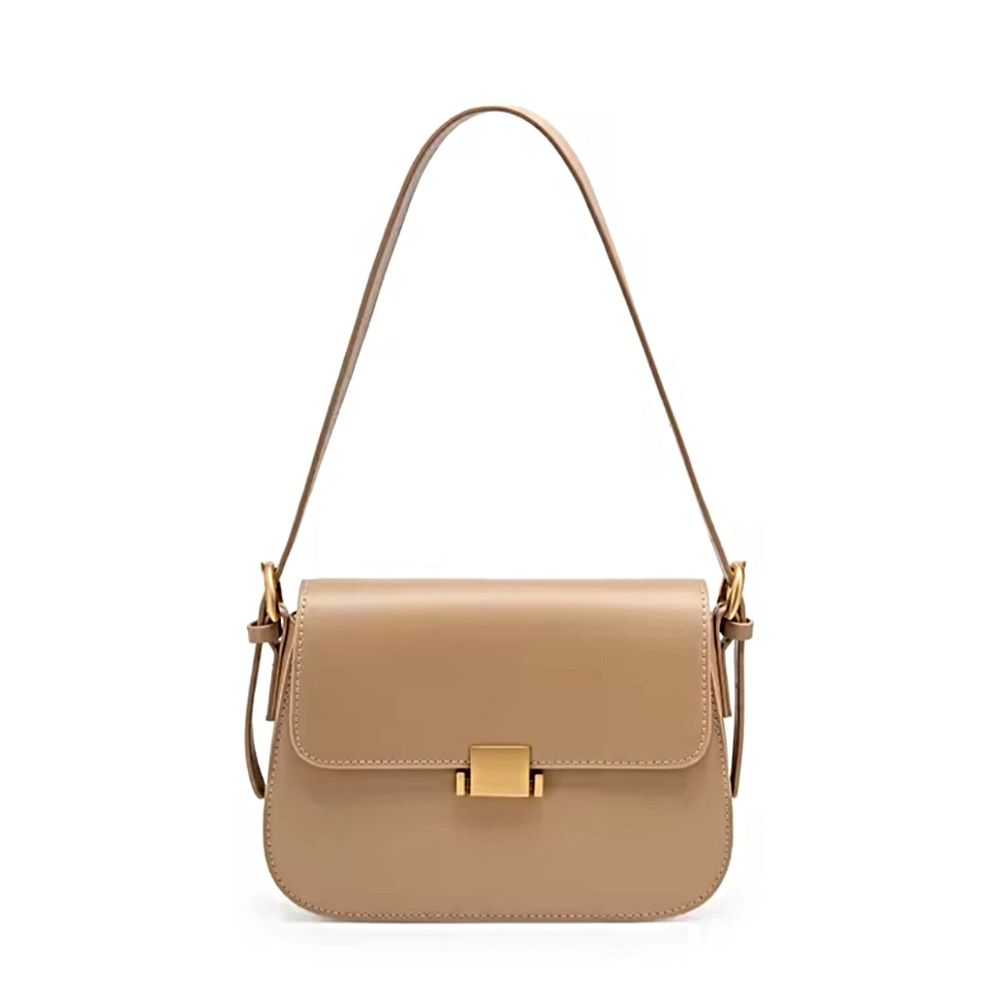 Timeless Charm Satchel in apricot genuine kitt cross grain leather with structured rectangular silhouette flap front design gold accent hasp closure and single shoulder strap showcasing upscale minimalist styling luxury craftsmanship premium finish and compact everyday elegance
