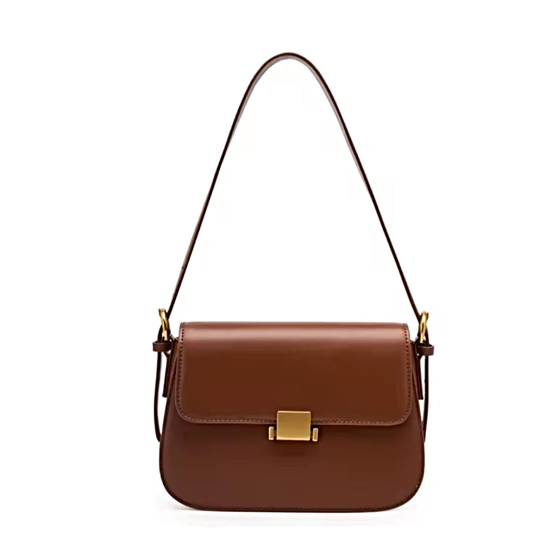 Timeless Charm Satchel in caramel luxury genuine kitt cross grain leather with structured rectangular silhouette flap front design gold accent hasp closure and single shoulder strap showcasing upscale minimalist styling luxury craftsmanship premium finish and compact everyday elegance