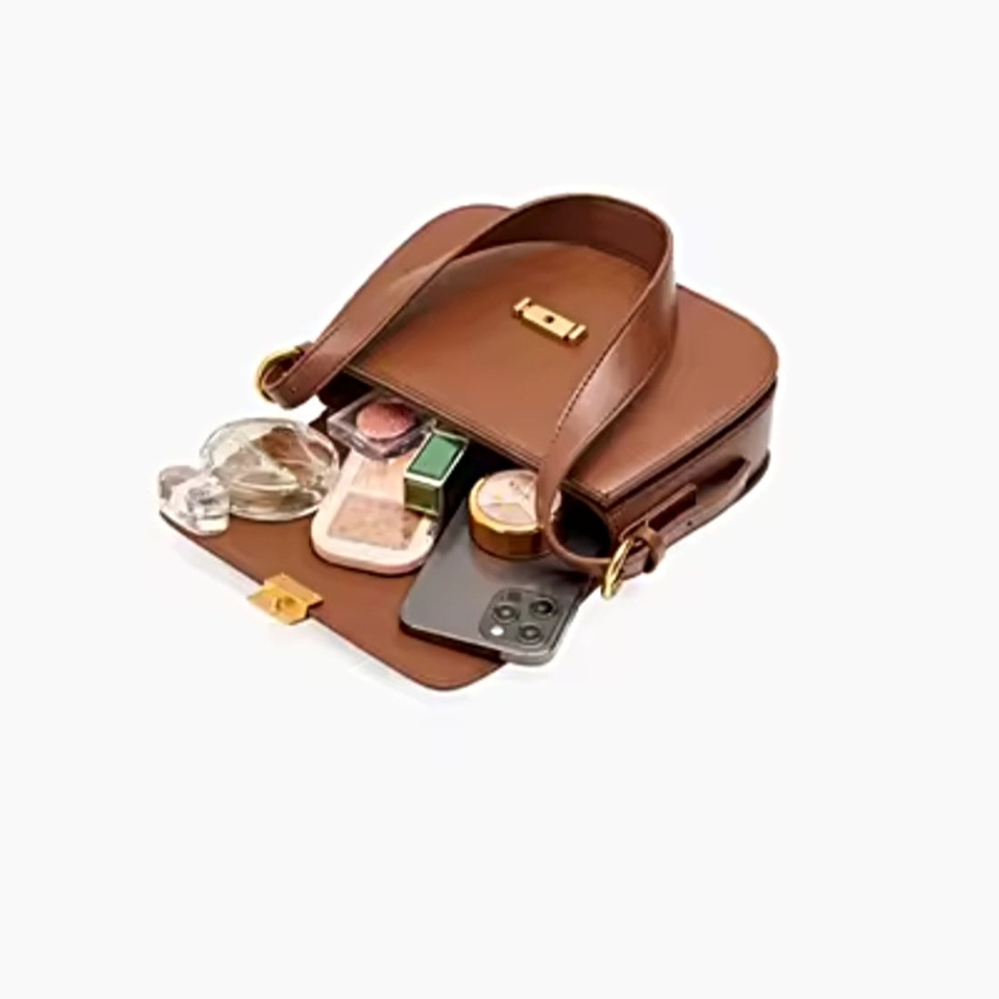 Timeless Charm Satchel in caramel genuine kitt cross grain leather shown open with contents showcasing luxury interior capacity upscale organization and premium everyday functionality