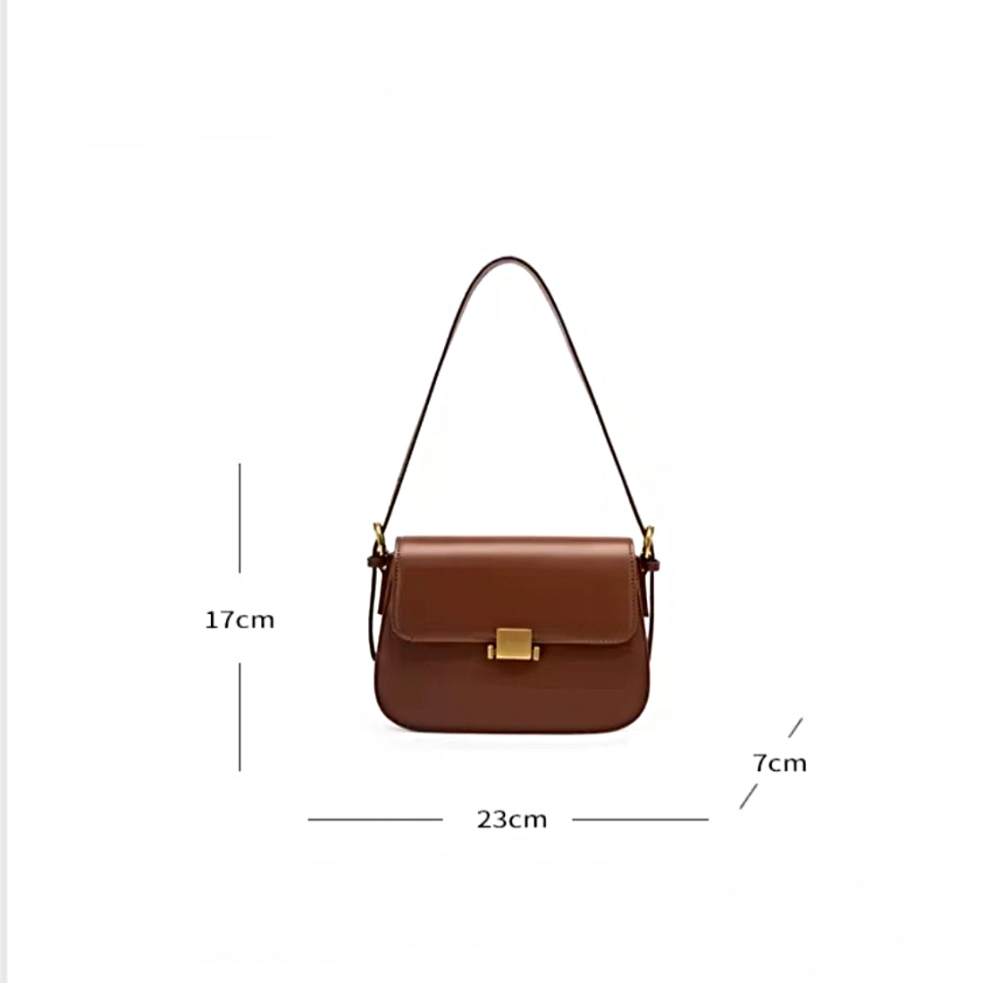 Timeless Charm Satchel n caramel genuine kitt cross grain leather with structured rectangular silhouette flap front design gold accent hasp closure and single shoulder strap shown with labeled dimensions showcasing luxury minimalist styling upscale craftsmanship premium finish and compact everyday elegance