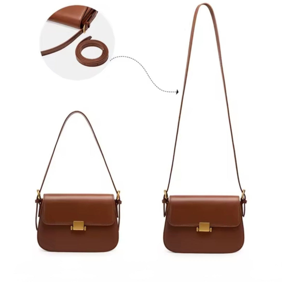 Timeless Charm Satchel in caramel luxury genuine kitt cross grain leather with structured rectangular silhouette flap front design gold accent hasp closure and adjustable strap shown in two lengths with close up inset of sliding buckle mechanism displayed showcasing luxury versatility upscale craftsmanship and premium finish for customizable everyday elegance